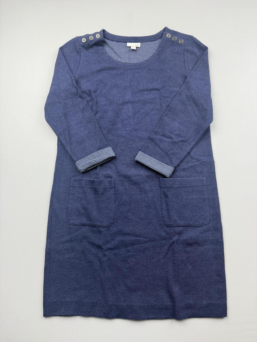 J. Jill Sweater Dress Womens XS Blue Knit Long Sleeve Pockets Button Shoulder